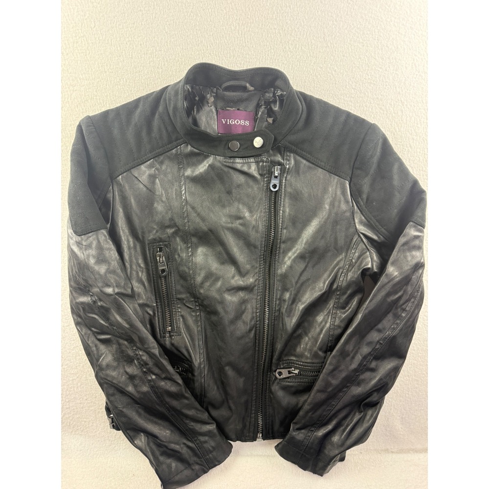 Vigoss Womens Black Faux Leather‎ Moto Jacket Mixed Media Asymmetrical Zip Small